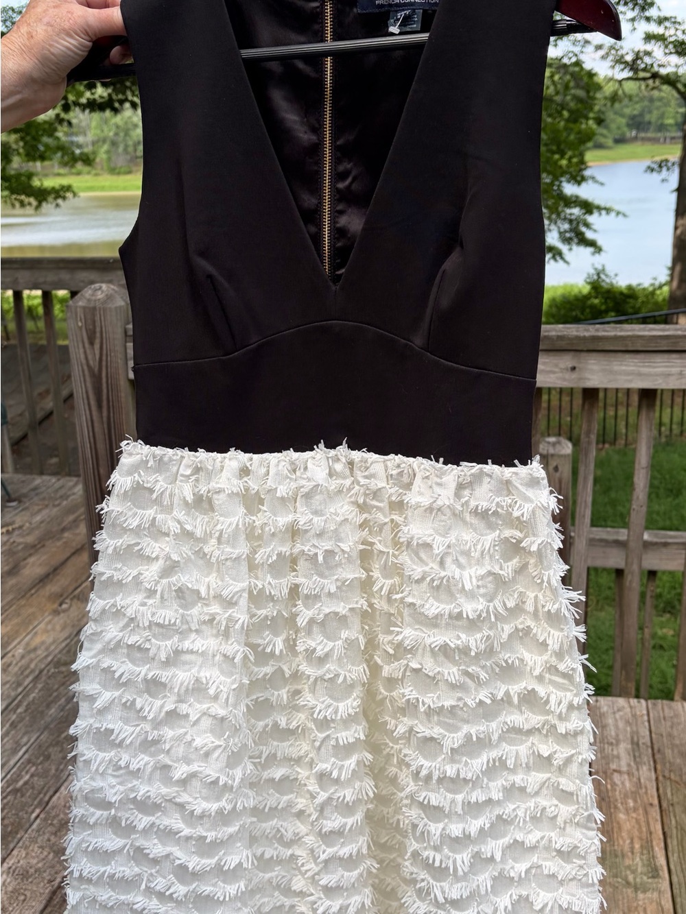 French Connection Black and White V-Neck Dress Textured Skirt Wedding / Prom